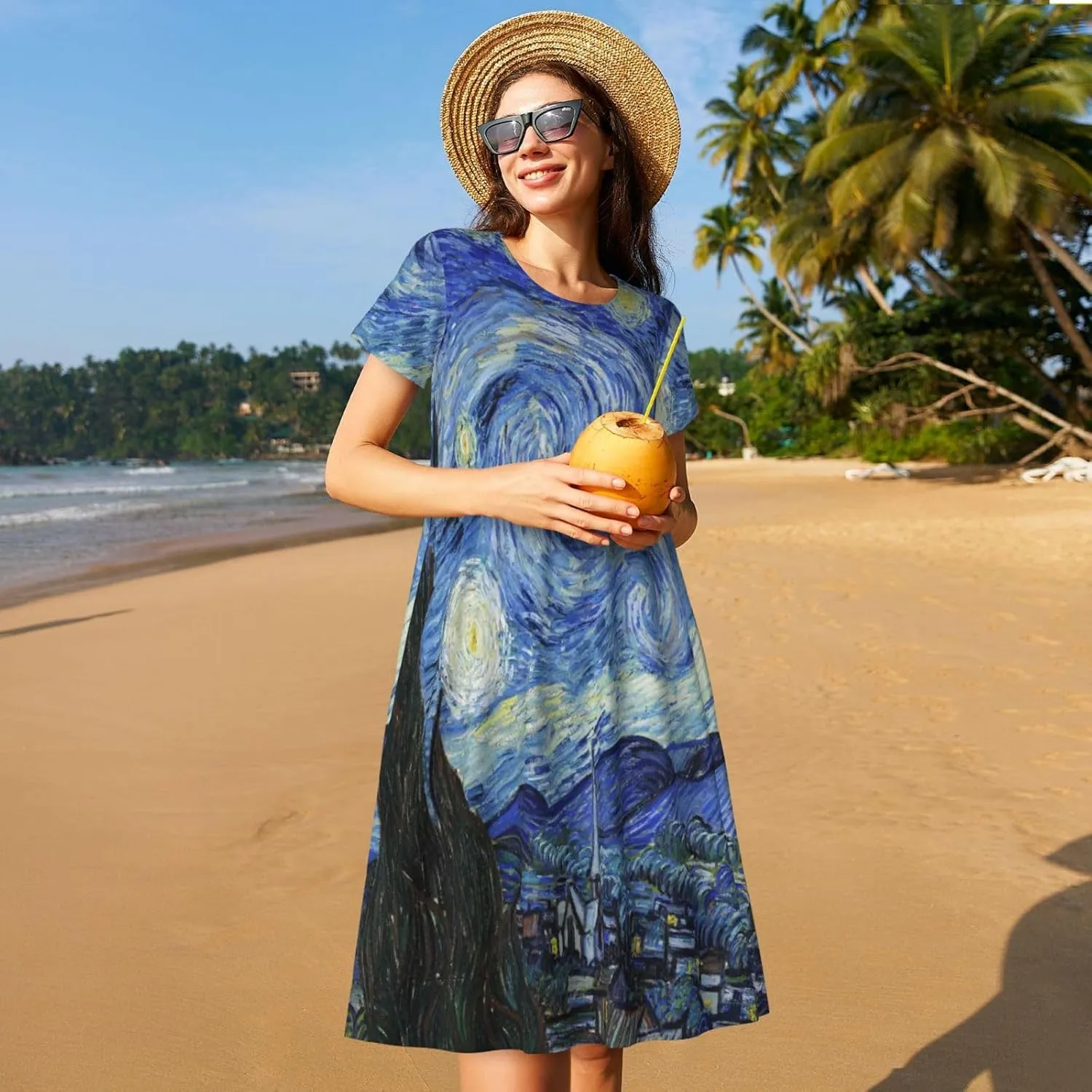 The Starry Night for Women's Casual Short Sleeve Dress with Pockets Dress for Summer,Travel,Lounging-