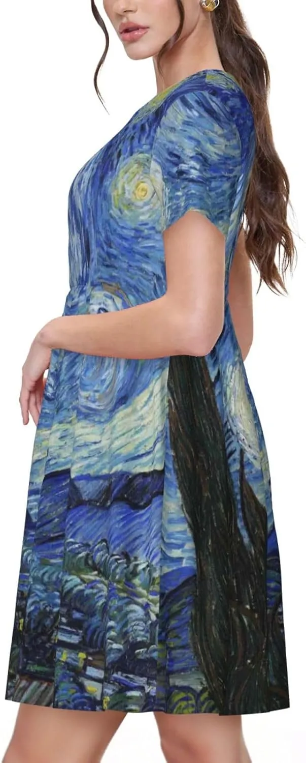 The Starry Night for Women's Casual Short Sleeve Dress with Pockets Dress for Summer,Travel,Lounging-