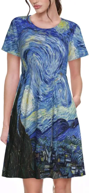 The Starry Night for Women's Casual Short Sleeve Dress with Pockets Dress for Summer,Travel,Lounging-