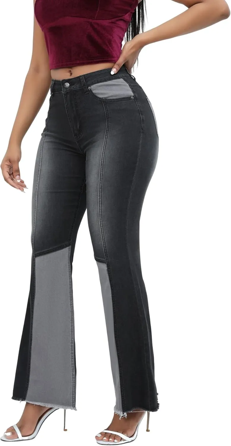 THUNDER STAR Women Patchwork Flare Jeans Stretch High Waisted Bell Bottom Raw Hem Denim Pants