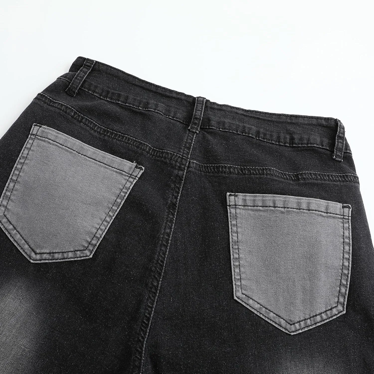 THUNDER STAR Women Patchwork Flare Jeans Stretch High Waisted Bell Bottom Raw Hem Denim Pants