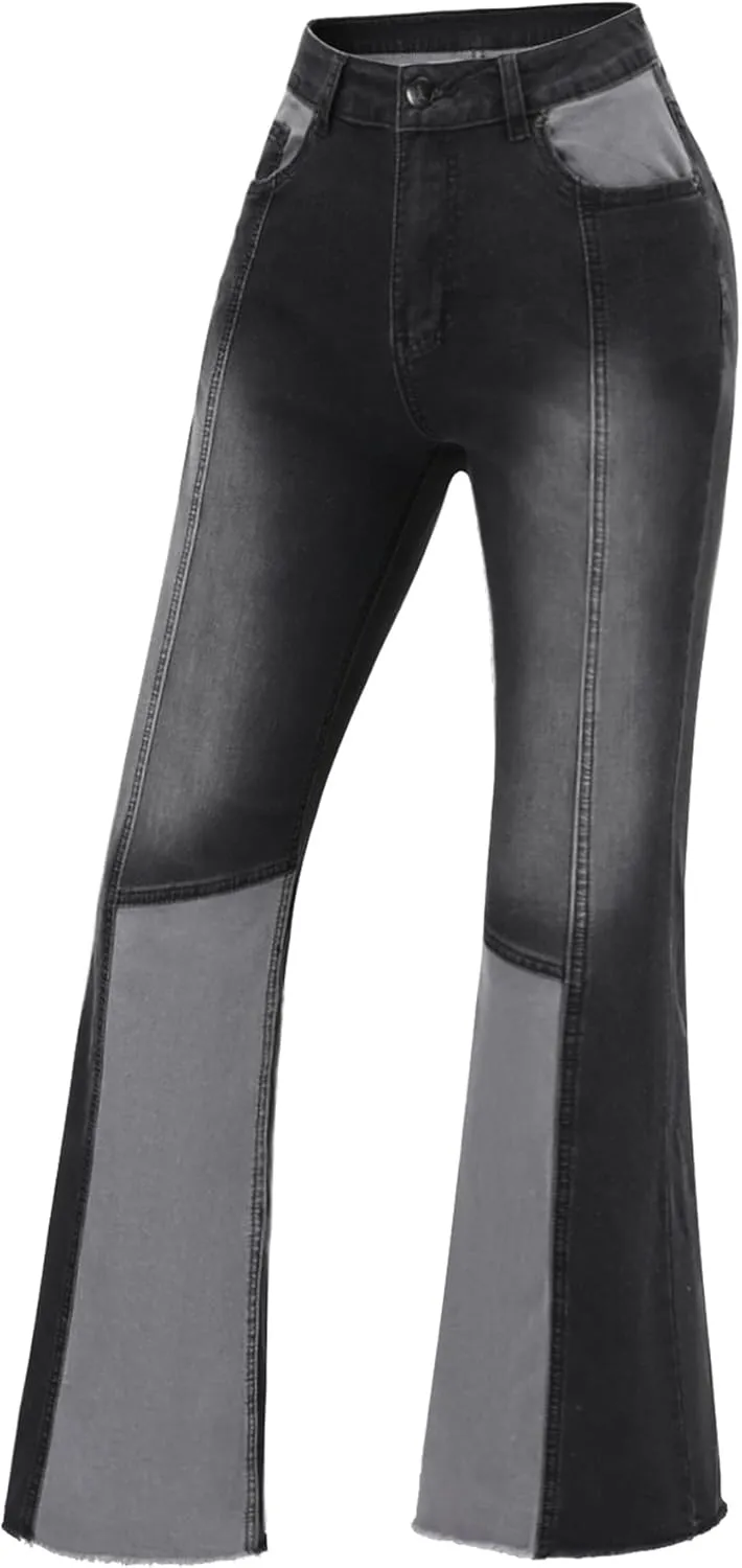THUNDER STAR Women Patchwork Flare Jeans Stretch High Waisted Bell Bottom Raw Hem Denim Pants