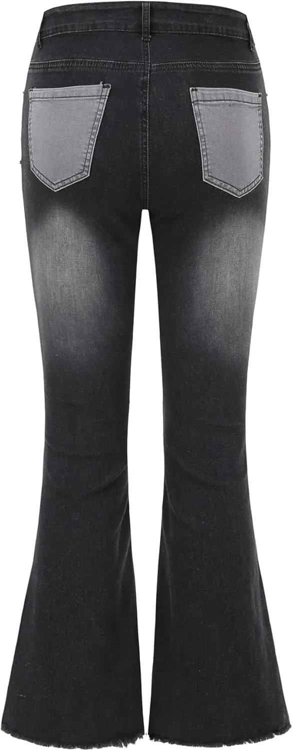 THUNDER STAR Women Patchwork Flare Jeans Stretch High Waisted Bell Bottom Raw Hem Denim Pants