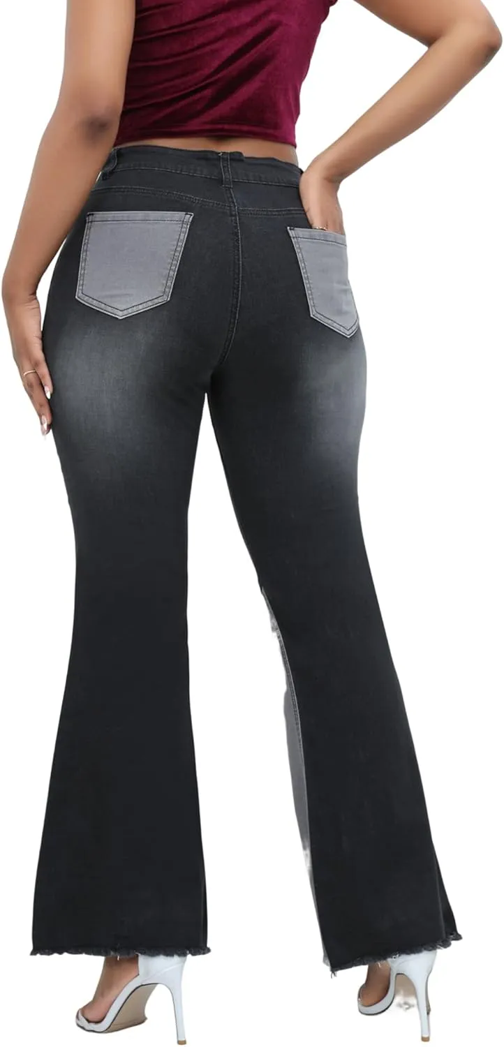 THUNDER STAR Women Patchwork Flare Jeans Stretch High Waisted Bell Bottom Raw Hem Denim Pants