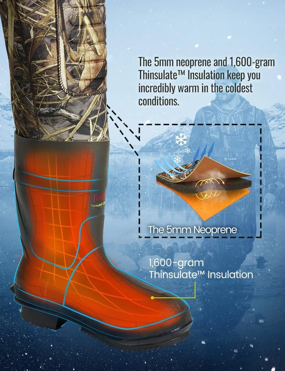 TIDEWE Hunting Wader with 1400&1600G Insulation Rubber Boot, 5mm Neoprene Waterproof Chest Wader for Fishing, Hunting