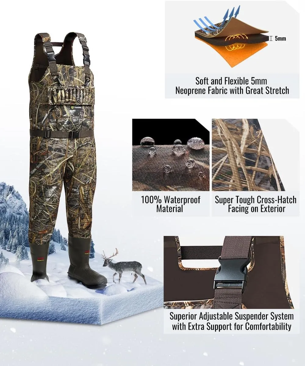 TIDEWE Hunting Wader with 1400&1600G Insulation Rubber Boot, 5mm Neoprene Waterproof Chest Wader for Fishing, Hunting