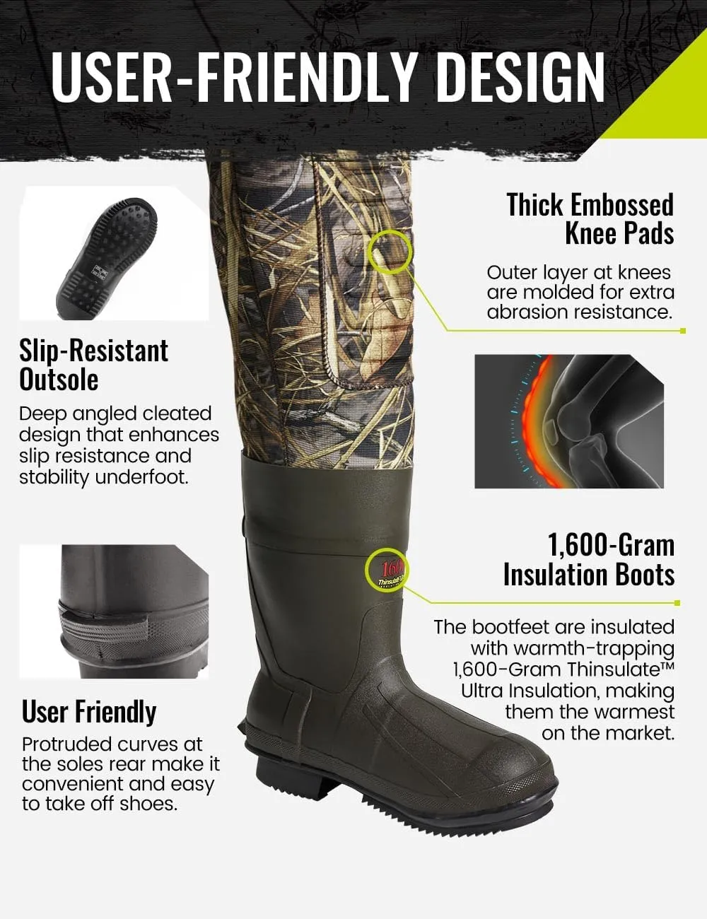 TIDEWE Hunting Wader with 1400&1600G Insulation Rubber Boot, 5mm Neoprene Waterproof Chest Wader for Fishing, Hunting