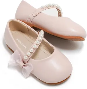 Toddler Girls Little Kid Ballet Mary Jane Pearl Front Ribbon Bows Flats Hook & Loop Party Dress Shoes School Flower Girls Wedding Princess Shoes Y24D98-2 Pink 3