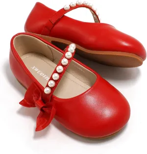 Toddler Girls Little Kid Ballet Mary Jane Pearl Front Ribbon Bows Flats Hook & Loop Party Dress Shoes School Flower Girls Wedding Princess Shoes Y24D98-2 Red 10
