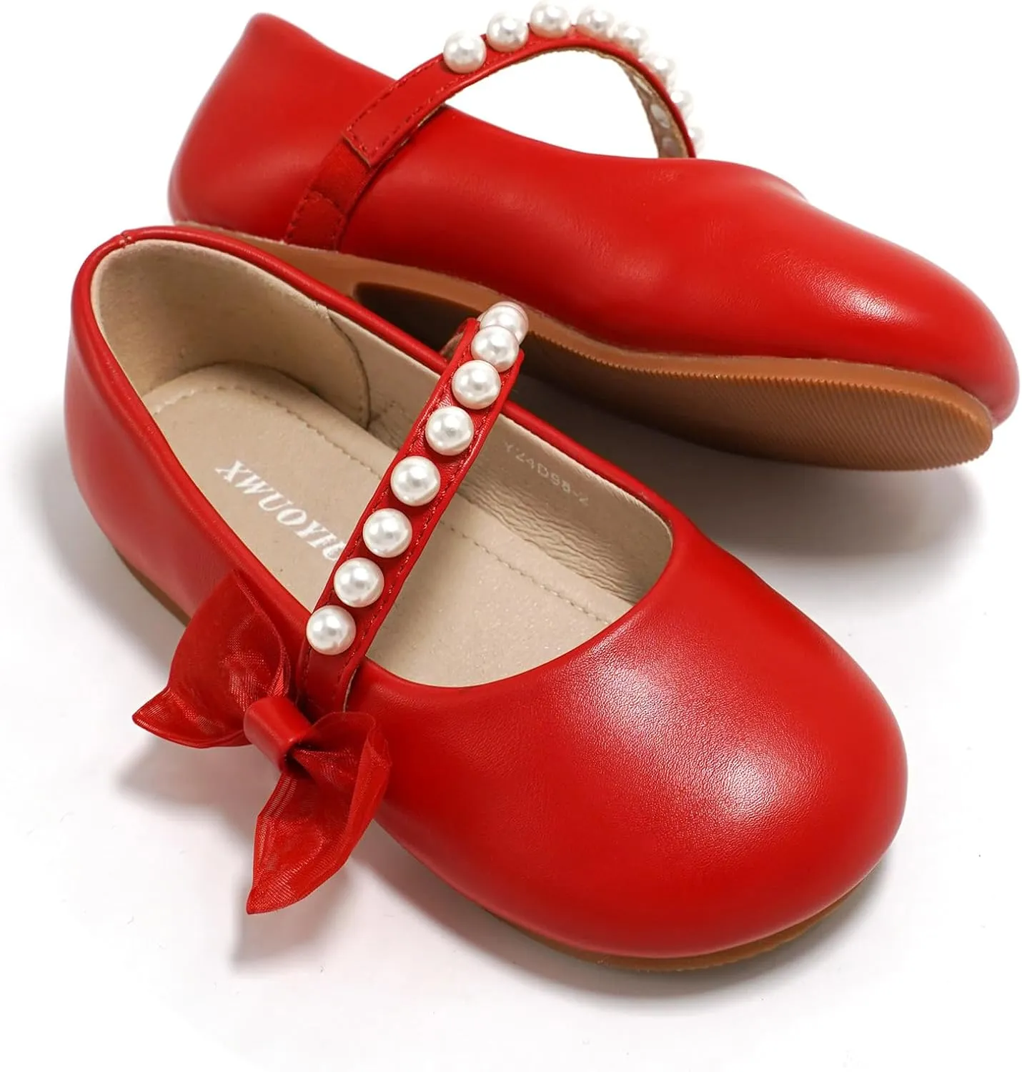 Toddler Girls Little Kid Ballet Mary Jane Pearl Front Ribbon Bows Flats Hook & Loop Party Dress Shoes School Flower Girls Wedding Princess Shoes Y24D98-2 Red 9
