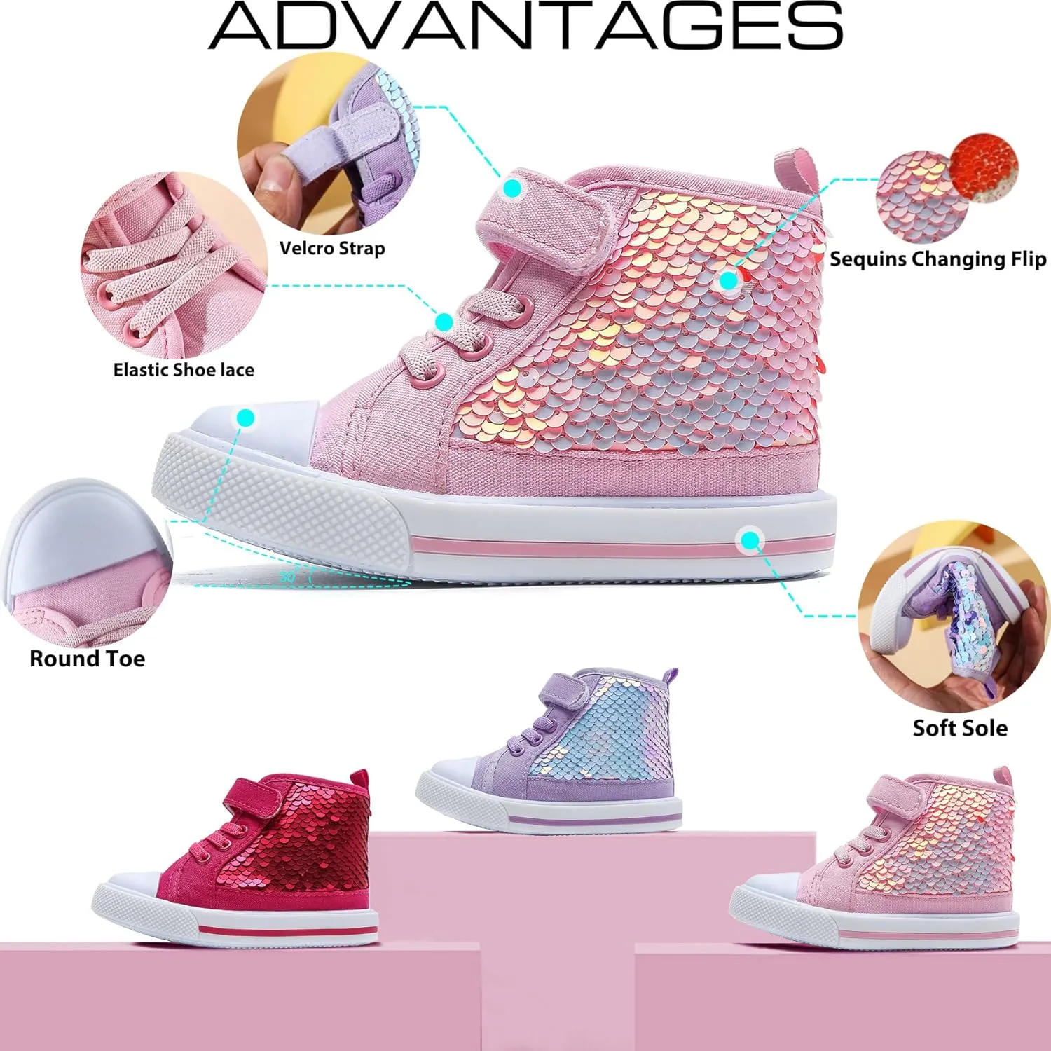 Toddler Girls Sequin Sneakers High Top Canvas Sneaker Fashion Sparkle Shoes for Girls Dressy