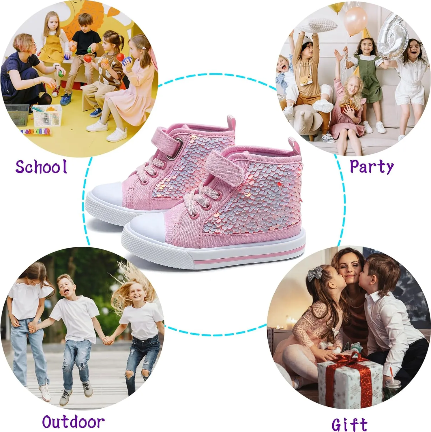 Toddler Girls Sequin Sneakers High Top Canvas Sneaker Fashion Sparkle Shoes for Girls Dressy