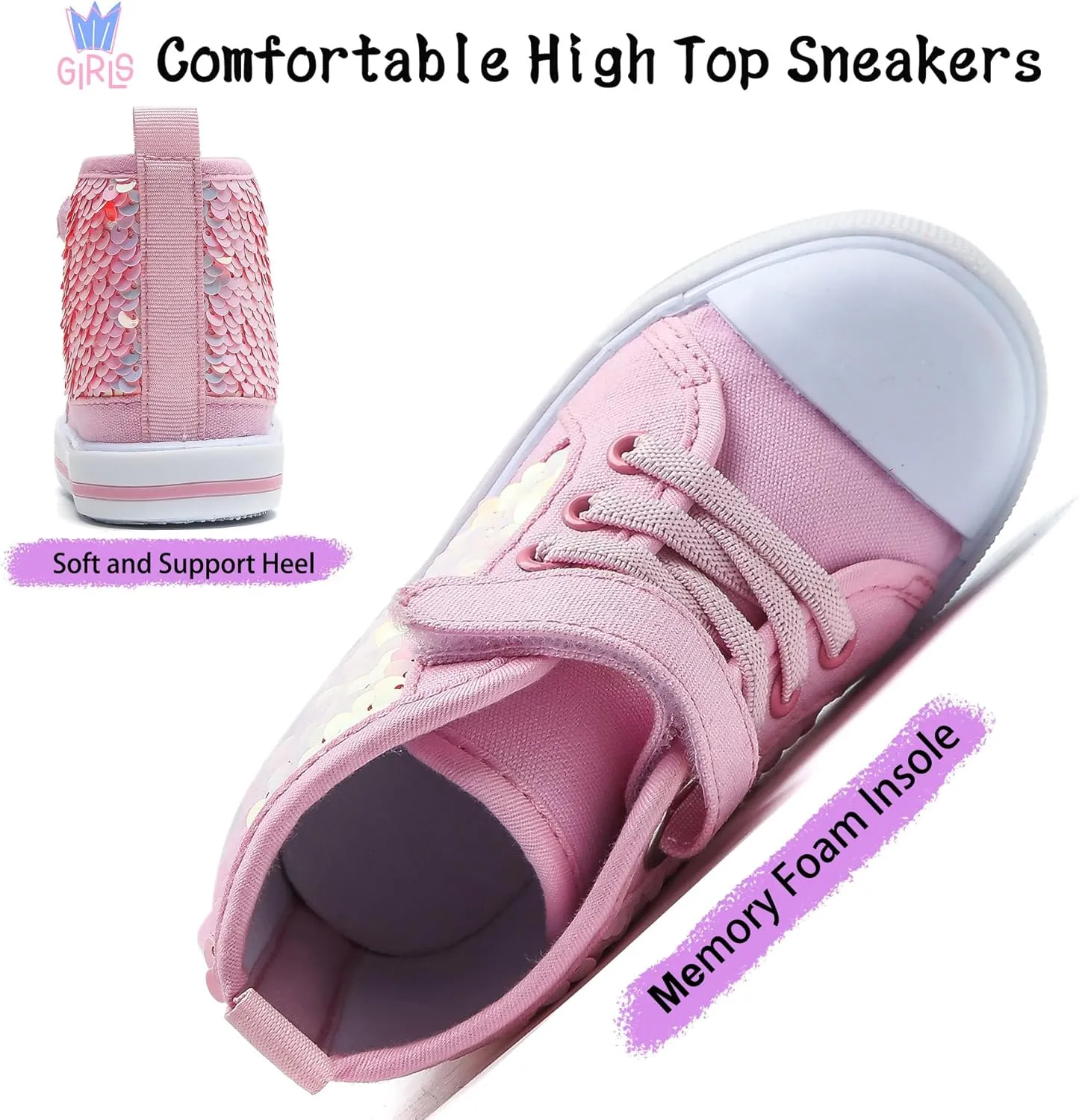 Toddler Girls Sequin Sneakers High Top Canvas Sneaker Fashion Sparkle Shoes for Girls Dressy