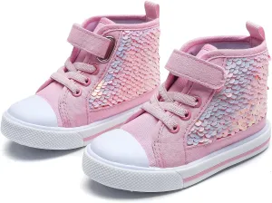 Toddler Girls Sequin Sneakers High Top Canvas Sneaker Fashion Sparkle Shoes for Girls Dressy