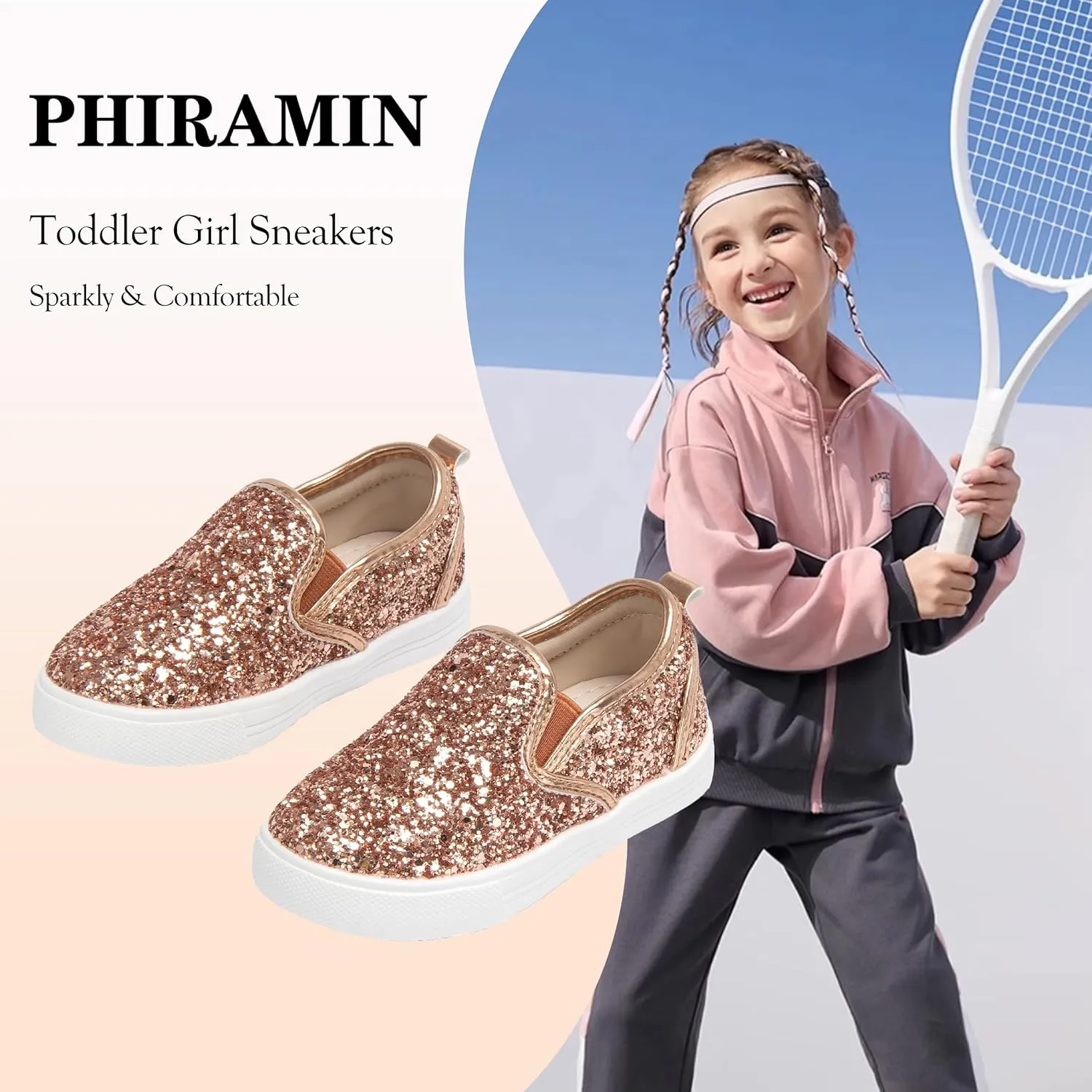 Toddler/Little Girls Sneakers-Slip On Glitter Sports Shoes for Running Walking