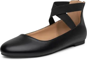 Trary Ballet Flats - Women's Mary Jane Shoes, Elastic Ankle Straps, Round Toe Dress Shoes for Business Casual Occasions