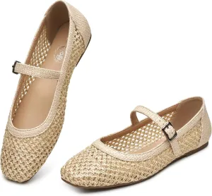 Trary Mary Jane Shoes Women Woven Flats for Women Dressy Ballet Flats Squared Toe Mesh Mary Jane Flats Shoes