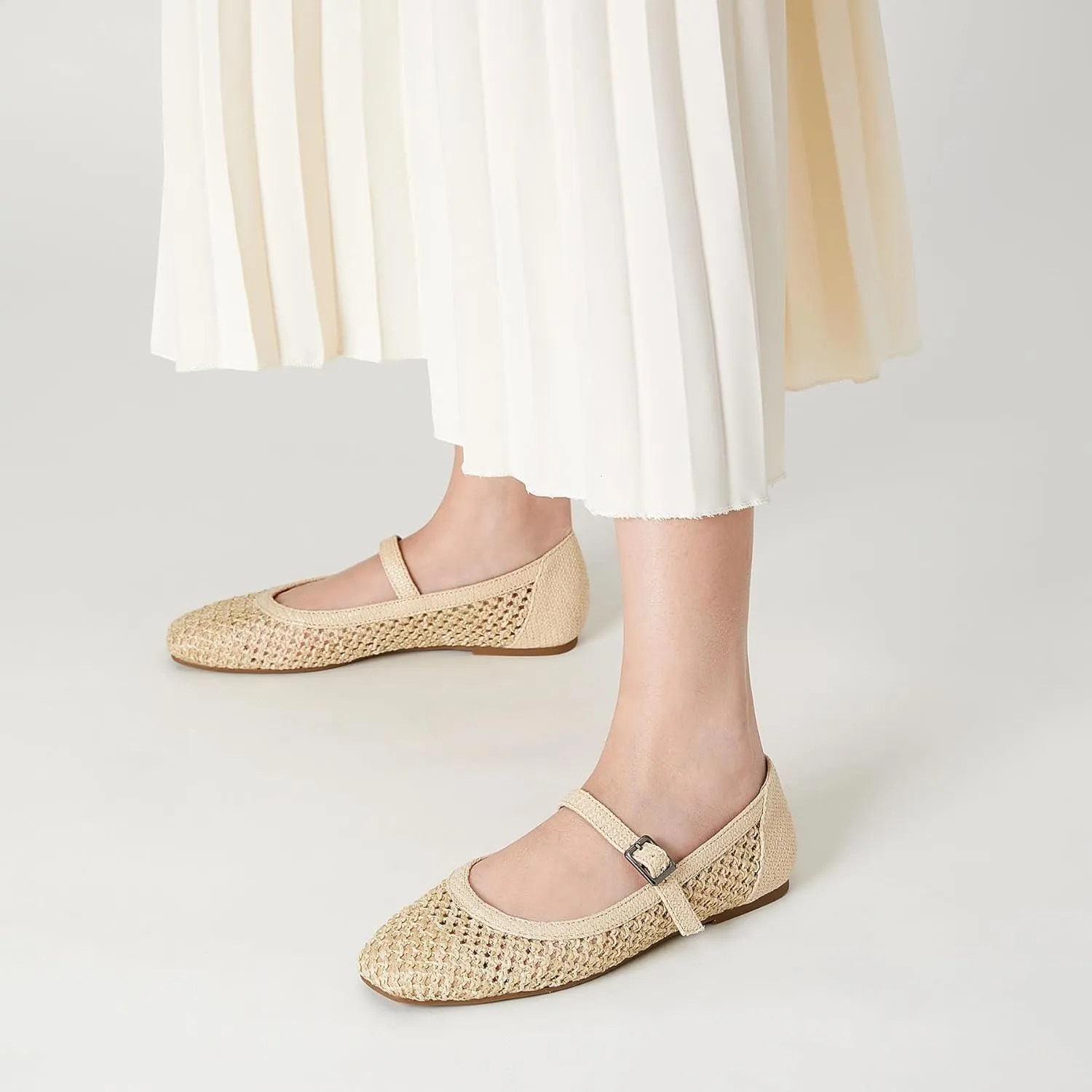 Trary Mary Jane Shoes Women Woven Flats for Women Dressy Ballet Flats Squared Toe Mesh Mary Jane Flats Shoes