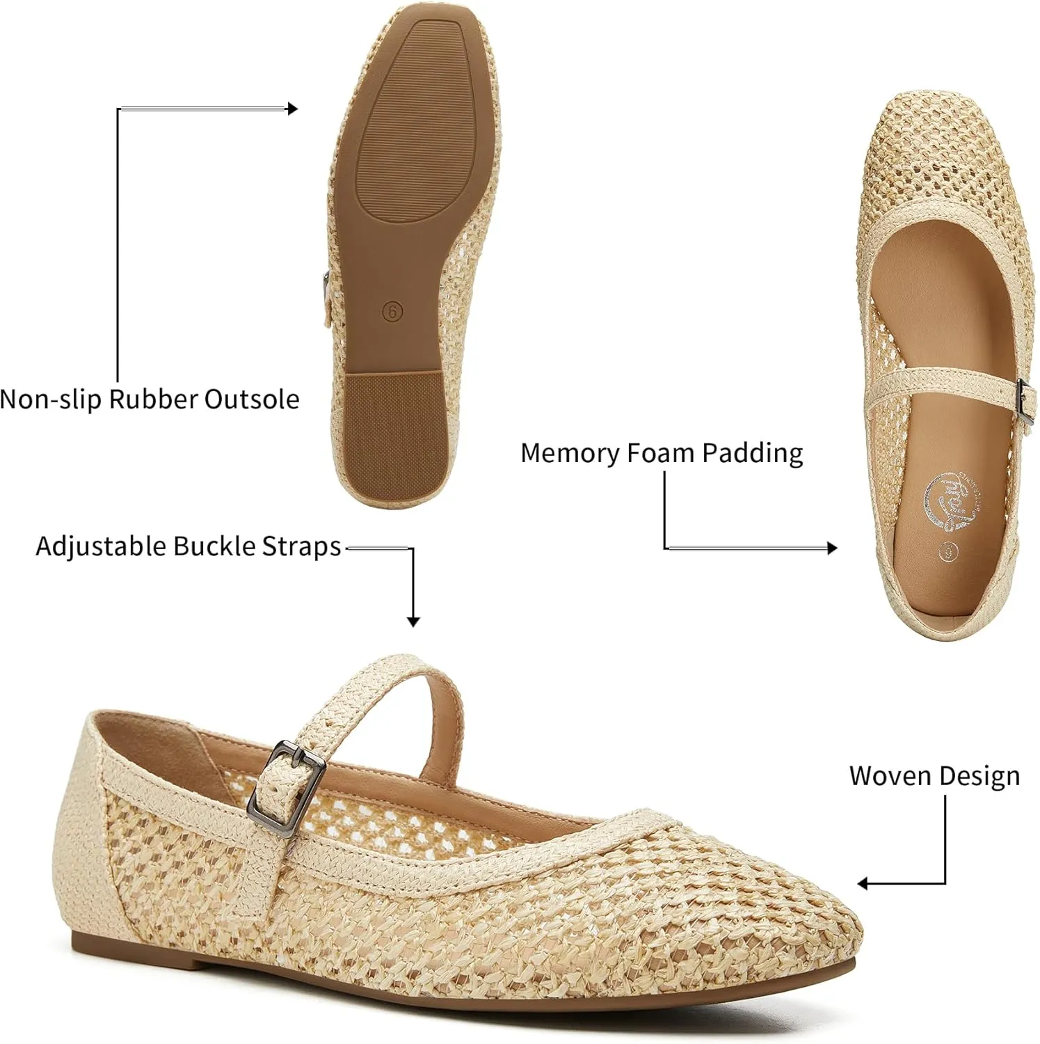 Trary Mary Jane Shoes Women Woven Flats for Women Dressy Ballet Flats Squared Toe Mesh Mary Jane Flats Shoes