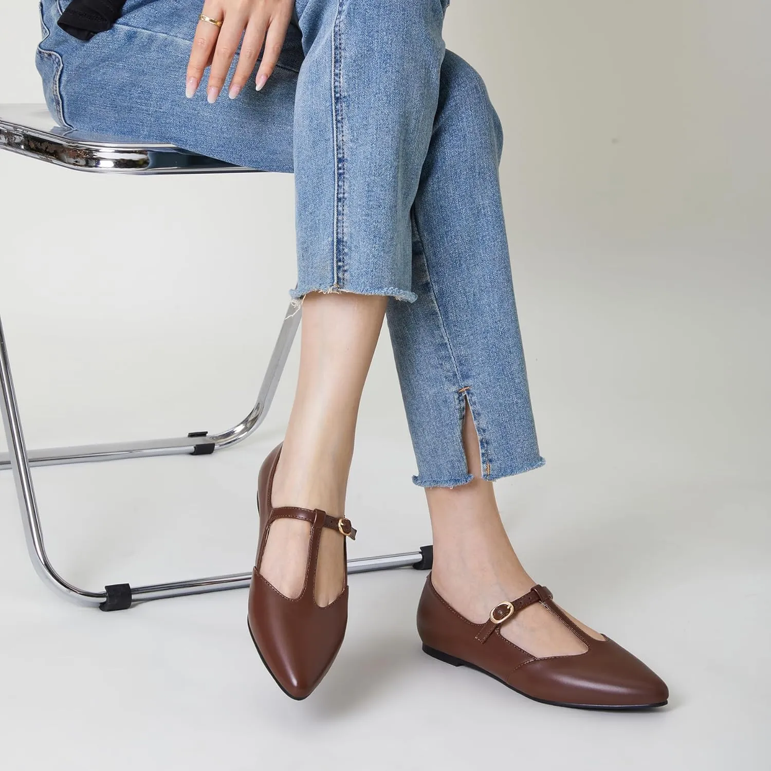 Trary Women's Black Mary Jane T-Strap Ballet Flats, Pointed Toe, Comfortable, Adjustable Buckle, Business Casual, US Size 7-12