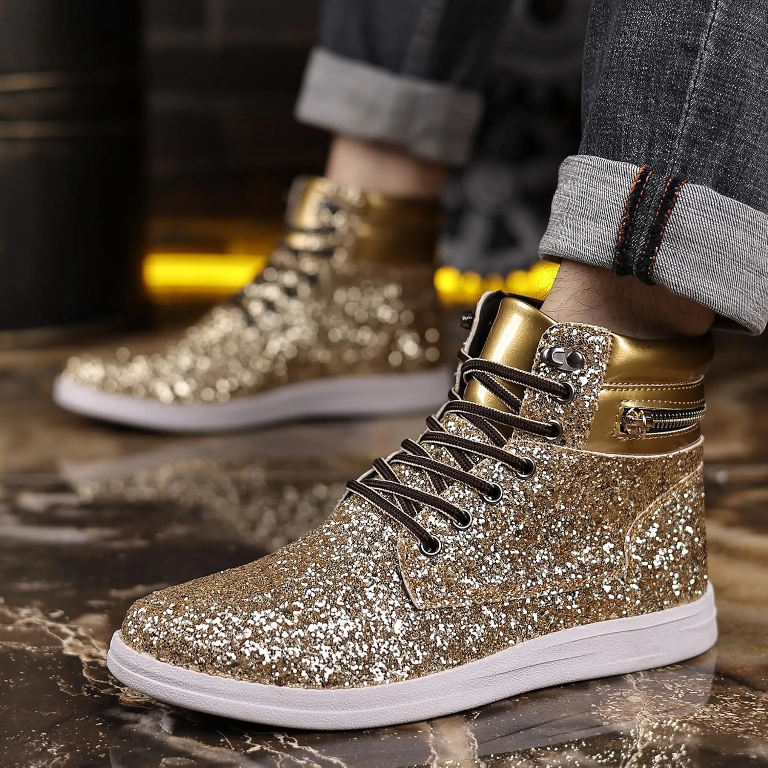 Trsorini Glitter Mens Shoes High Top Fashion Sparkly Sneakers Shiny Bling Sequin for Male