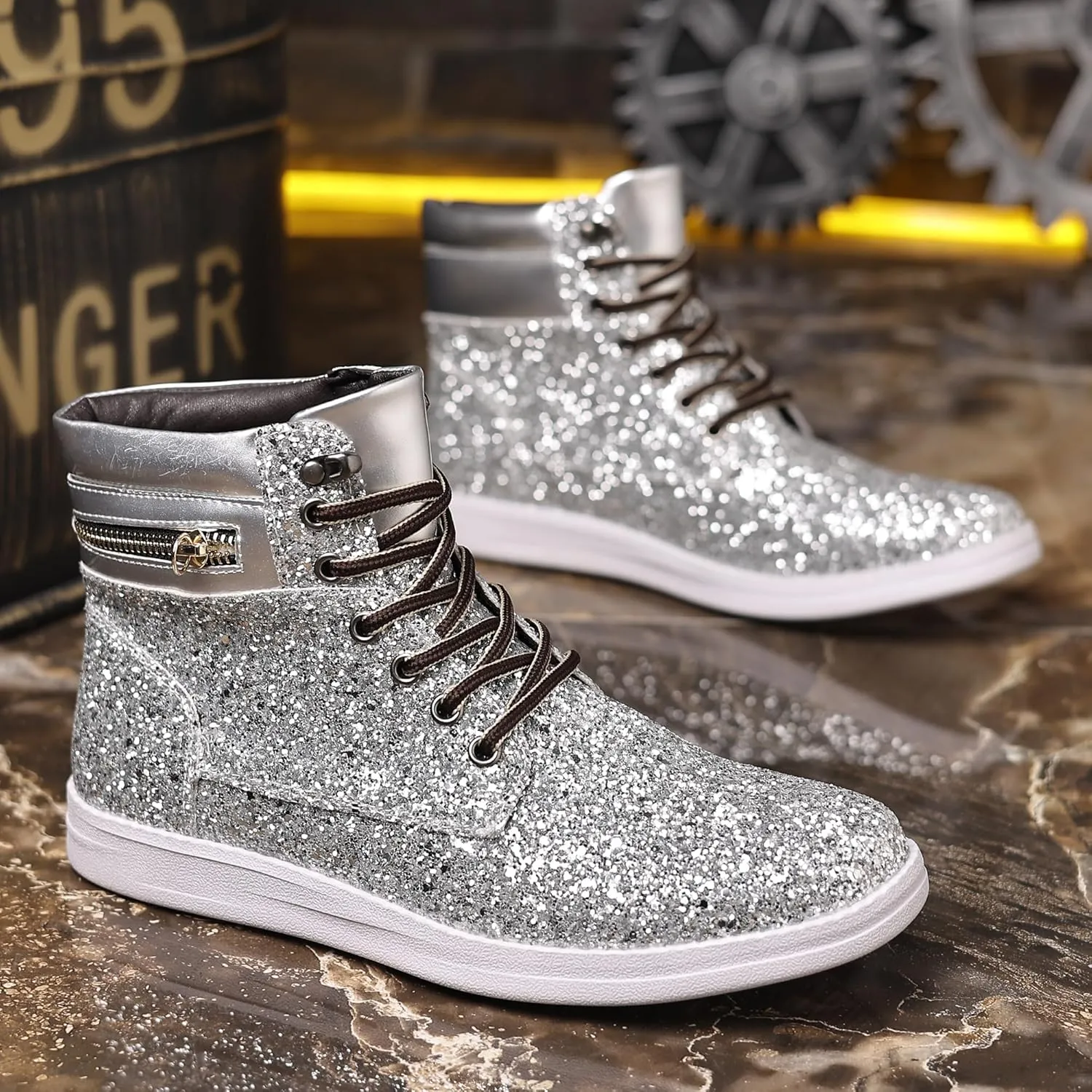 Trsorini Glitter Mens Shoes High Top Fashion Sparkly Sneakers Shiny Bling Sequin for Male