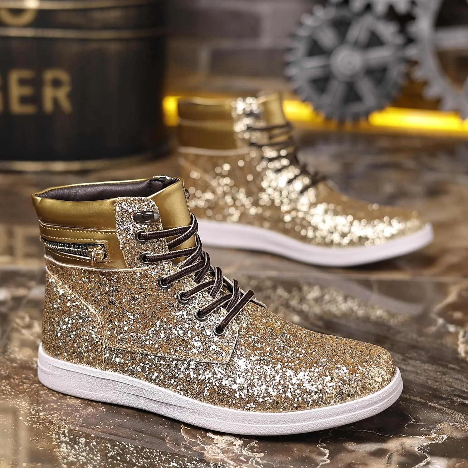 Trsorini Glitter Mens Shoes High Top Fashion Sparkly Sneakers Shiny Bling Sequin for Male