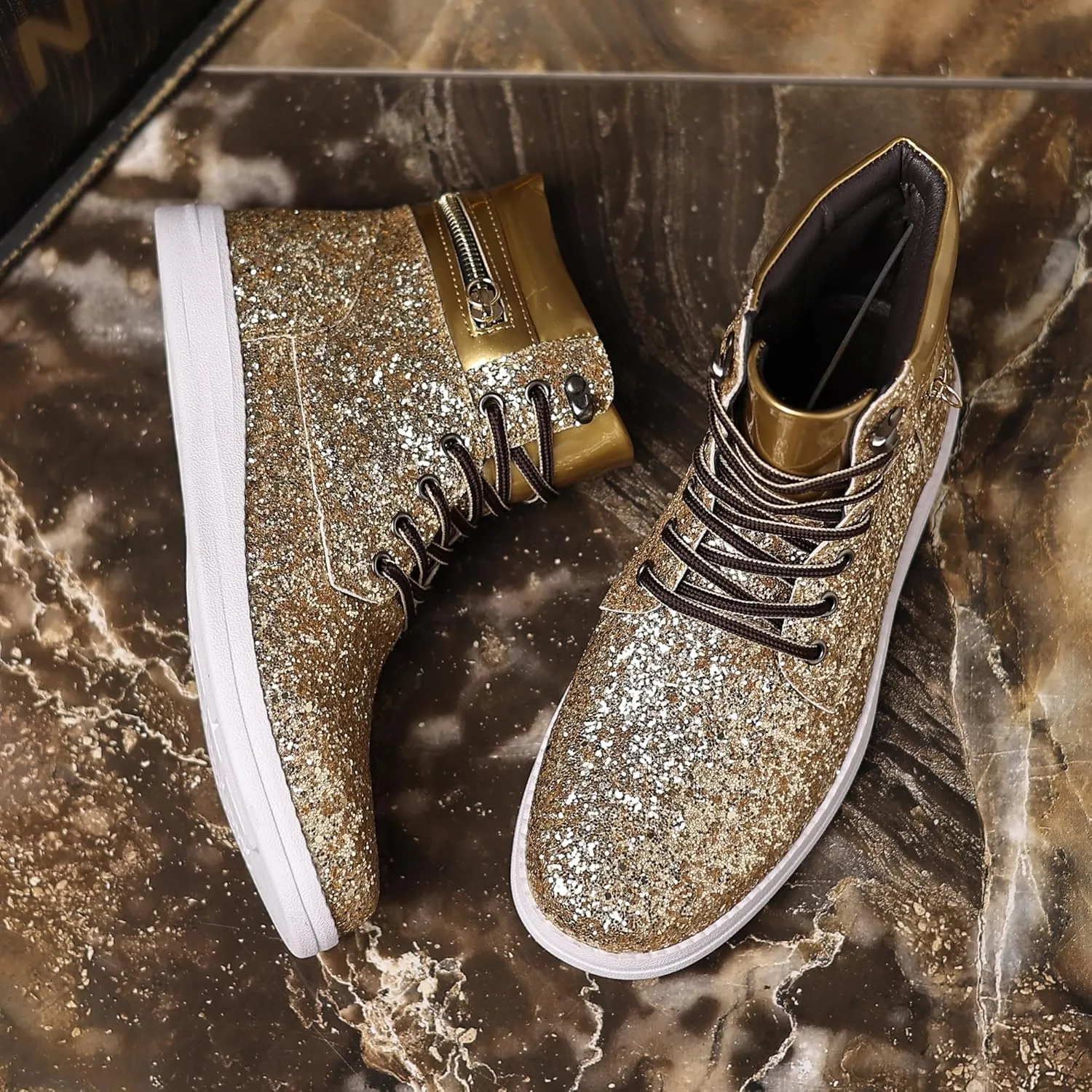 Trsorini Glitter Mens Shoes High Top Fashion Sparkly Sneakers Shiny Bling Sequin for Male