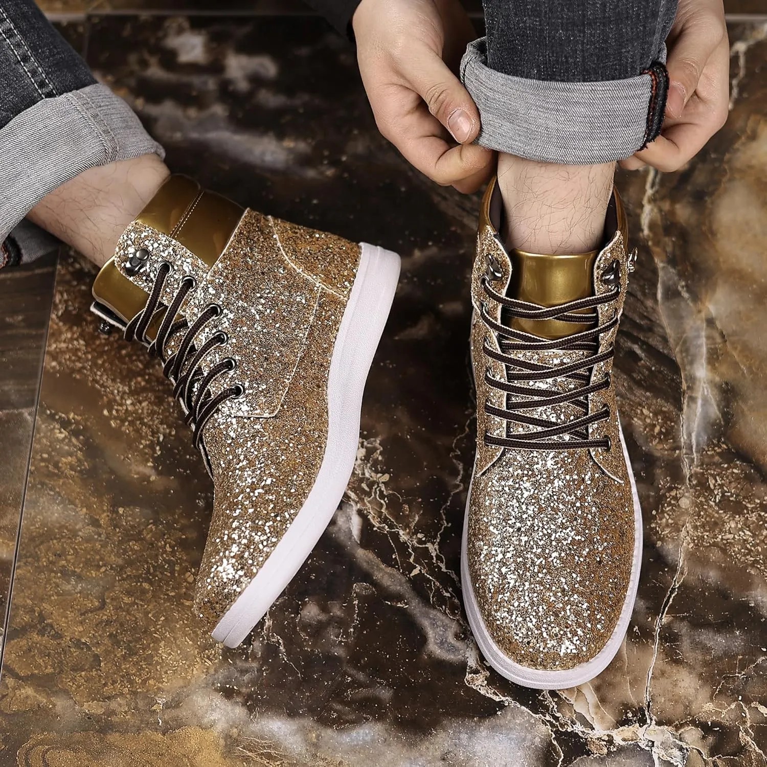 Trsorini Glitter Mens Shoes High Top Fashion Sparkly Sneakers Shiny Bling Sequin for Male
