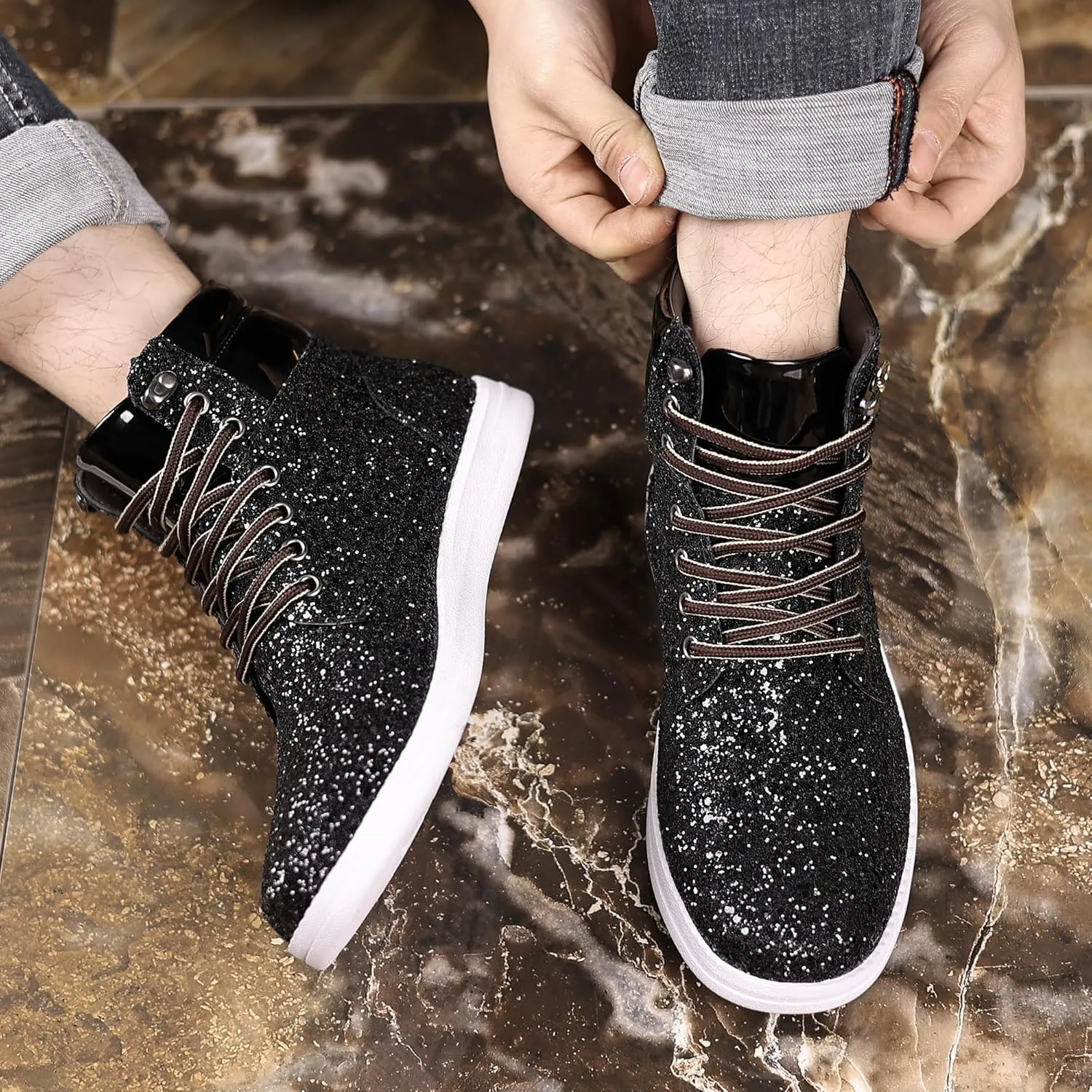 Trsorini Glitter Mens Shoes High Top Fashion Sparkly Sneakers Shiny Bling Sequin for Male