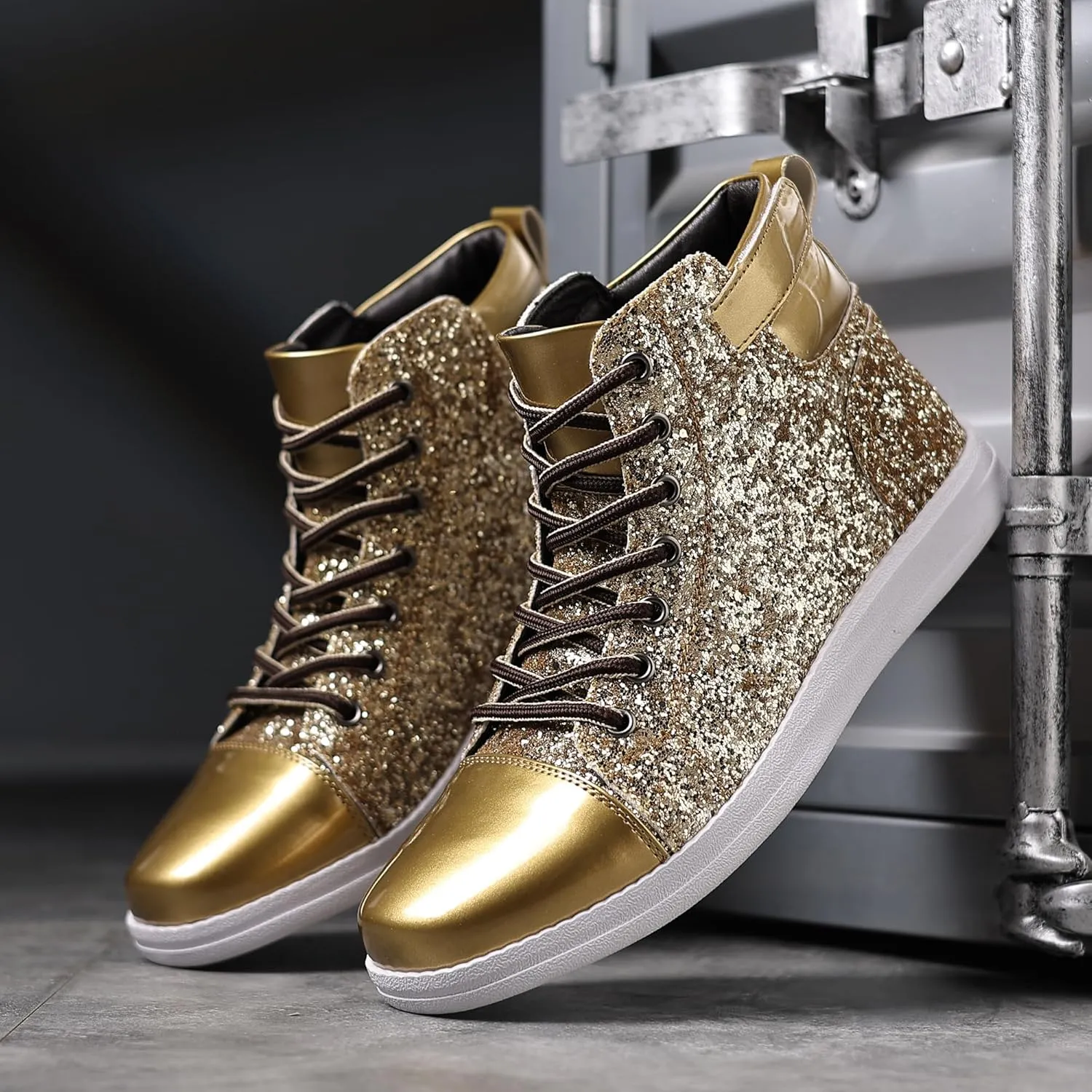 Trsorini Mens Glitter Shoes Sparkly High-top Sneakers Bling Sequin Shiny Men Lace-up Shoes