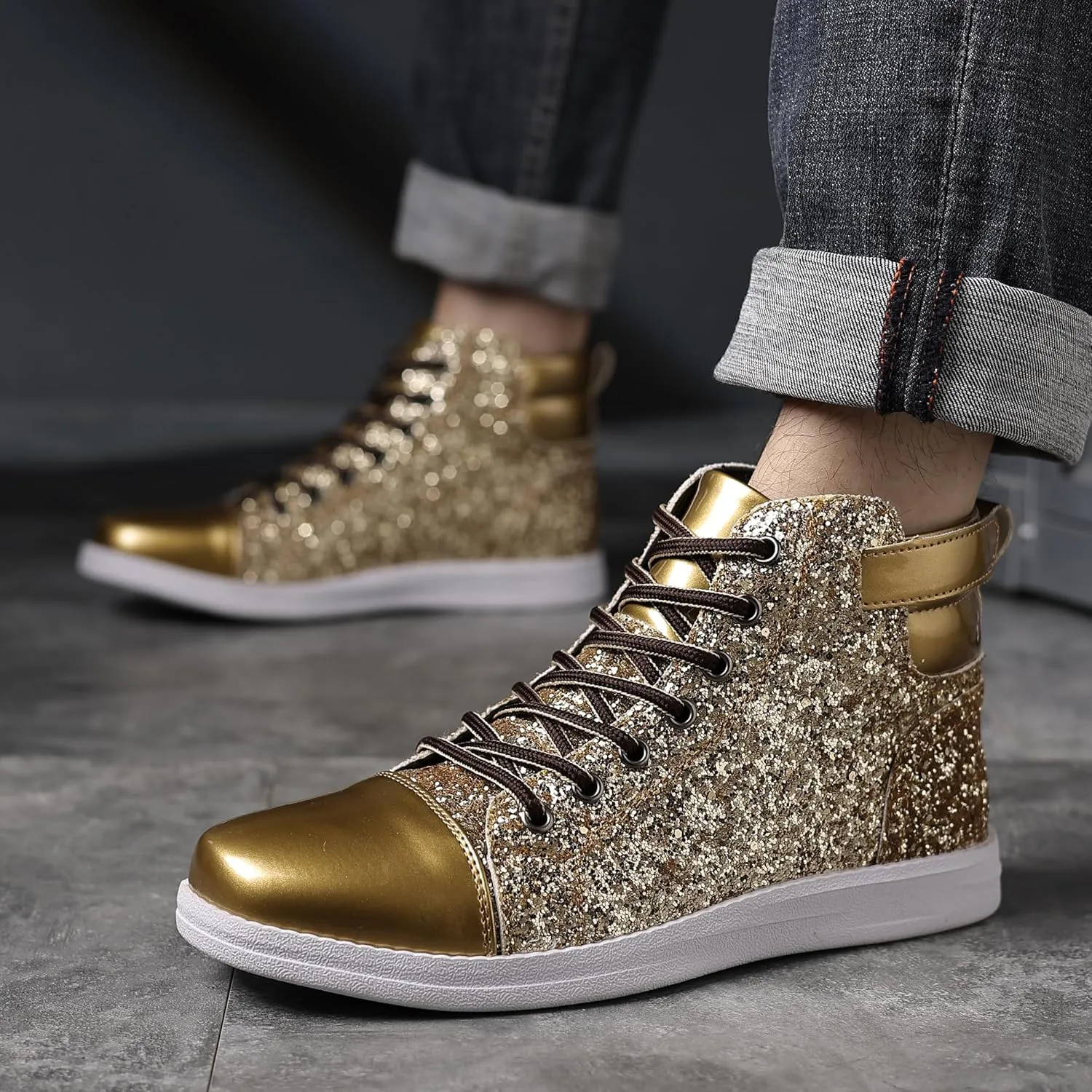 Trsorini Mens Glitter Shoes Sparkly High-top Sneakers Bling Sequin Shiny Men Lace-up Shoes