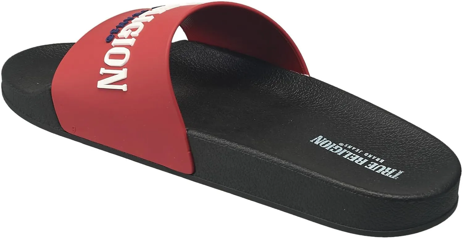 True Religion Men’s Slide Sandals – Bold Printed Logo, Cushioned Footbed, Everyday Comfort