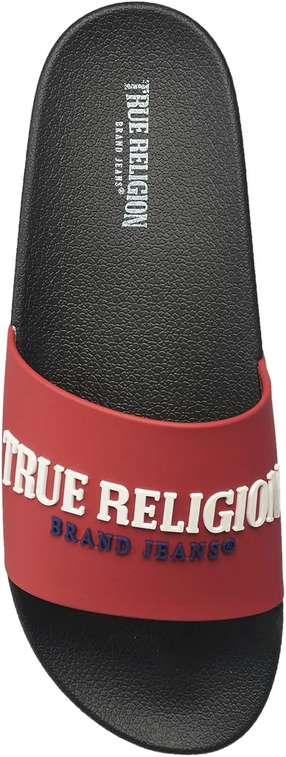True Religion Men’s Slide Sandals – Bold Printed Logo, Cushioned Footbed, Everyday Comfort