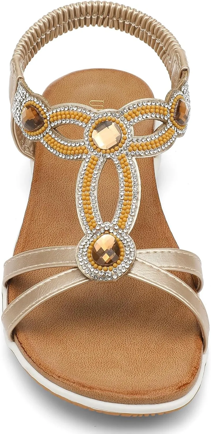 UBFEN Flat Sandals For Women Dressy Walking Comfortable Sandal With Rhinestone Braid Elastic Strap Summer Vacation