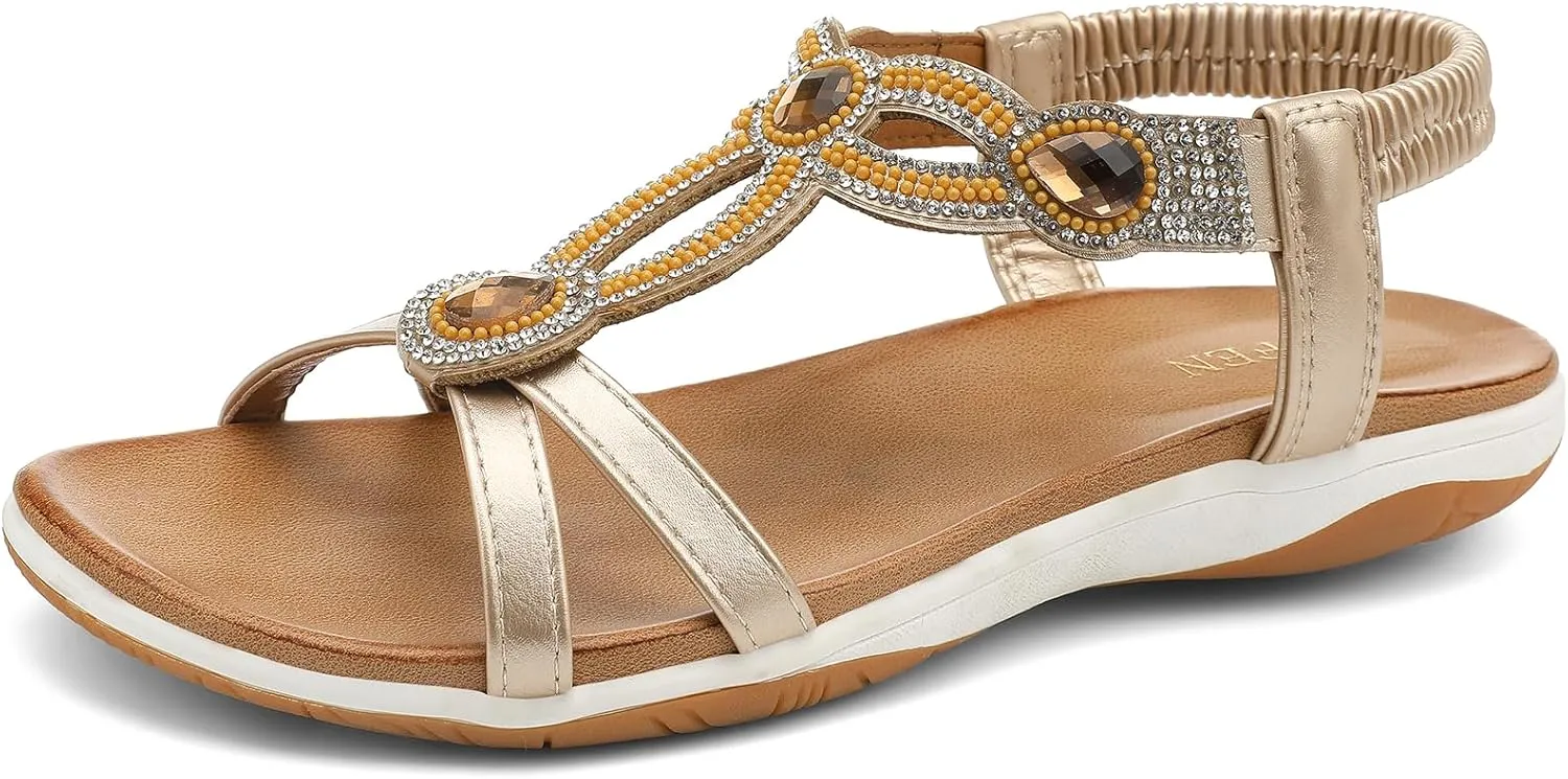 UBFEN Flat Sandals For Women Dressy Walking Comfortable Sandal With Rhinestone Braid Elastic Strap Summer Vacation