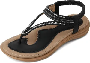 UBFEN Womens Bohemian Flat Sandals With Back Strap Summer Beach Comfortable Bling