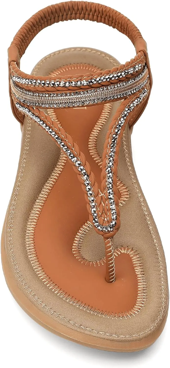 UBFEN Womens Bohemian Flat Sandals With Back Strap Summer Beach Comfortable Bling