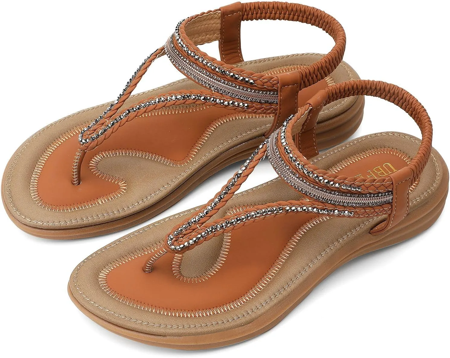 UBFEN Womens Bohemian Flat Sandals With Back Strap Summer Beach Comfortable Bling