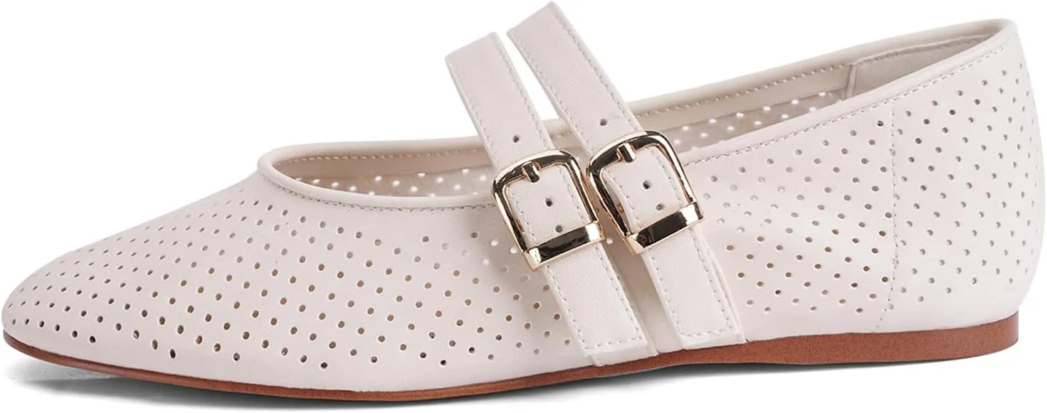 UBWDU Suede Mary Jane Flats for Women Perforated Round Toe Ballet Flats Comfortable Ballerina Shoes with Double Buckle Strap