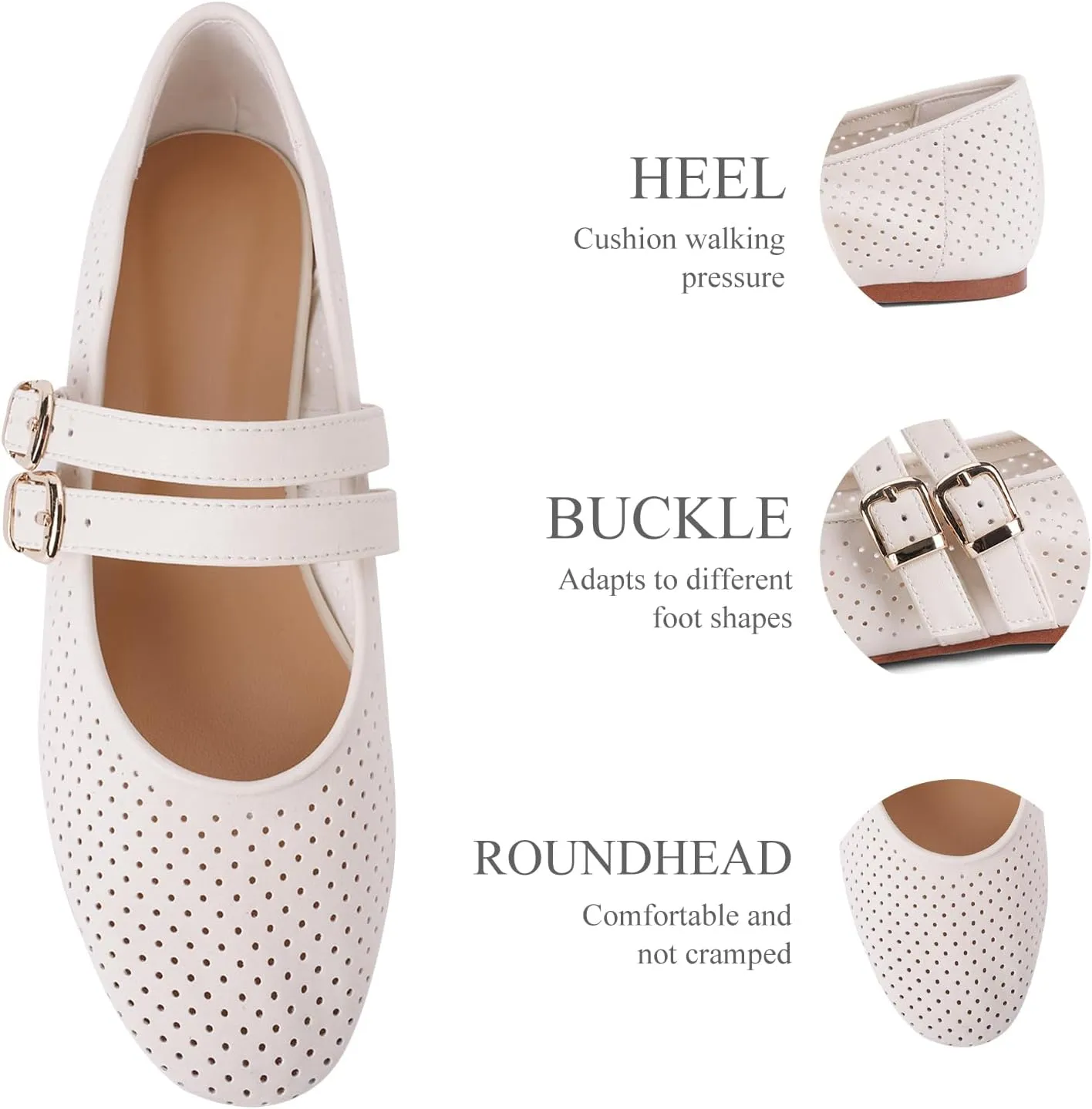UBWDU Suede Mary Jane Flats for Women Perforated Round Toe Ballet Flats Comfortable Ballerina Shoes with Double Buckle Strap