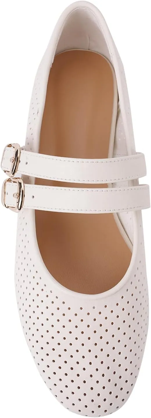 UBWDU Suede Mary Jane Flats for Women Perforated Round Toe Ballet Flats Comfortable Ballerina Shoes with Double Buckle Strap