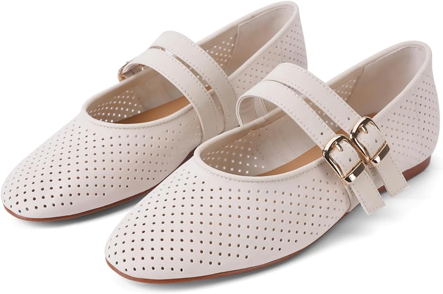 UBWDU Suede Mary Jane Flats for Women Perforated Round Toe Ballet Flats Comfortable Ballerina Shoes with Double Buckle Strap