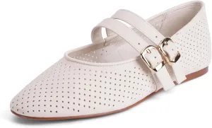 UBWDU Suede Mary Jane Flats for Women Perforated Round Toe Ballet Flats Comfortable Ballerina Shoes with Double Buckle Strap