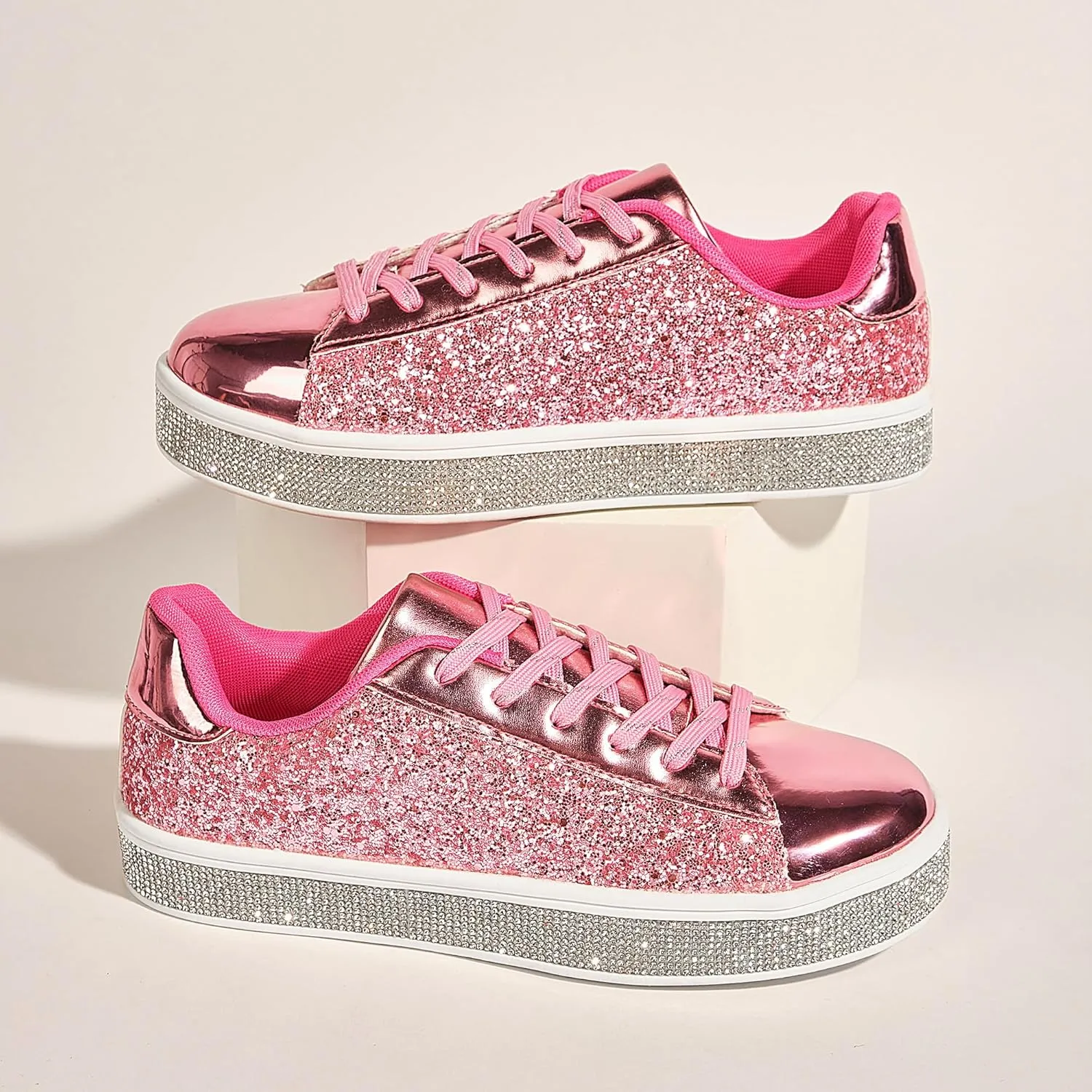 UUBARIS Women's Glitter Tennis Sneakers Neon Dressy Sparkly Sneakers Rhinestone Bling Wedding Bridal Shoes Shiny Sequin Shoes