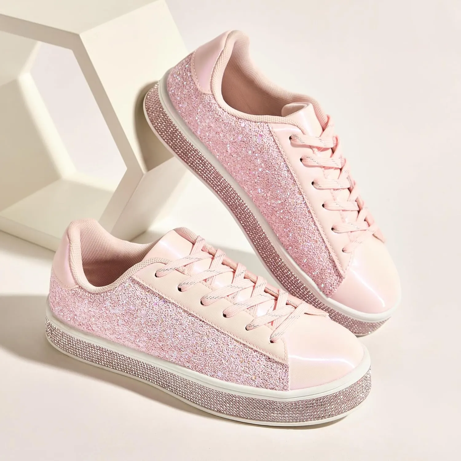 UUBARIS Women's Glitter Tennis Sneakers Neon Dressy Sparkly Sneakers Rhinestone Bling Wedding Bridal Shoes Shiny Sequin Shoes
