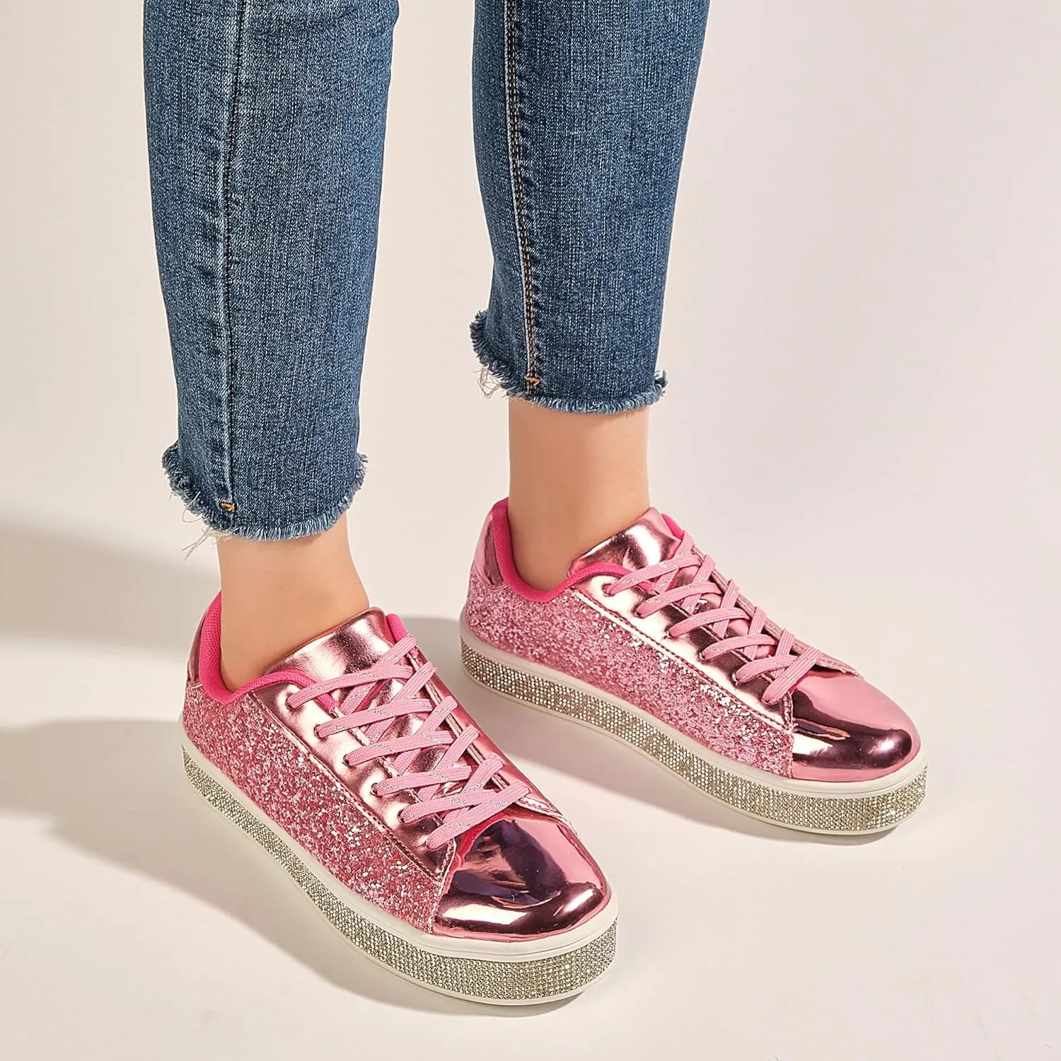 UUBARIS Women's Glitter Tennis Sneakers Neon Dressy Sparkly Sneakers Rhinestone Bling Wedding Bridal Shoes Shiny Sequin Shoes