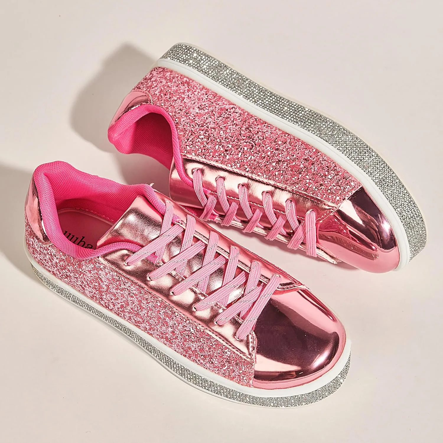UUBARIS Women's Glitter Tennis Sneakers Neon Dressy Sparkly Sneakers Rhinestone Bling Wedding Bridal Shoes Shiny Sequin Shoes