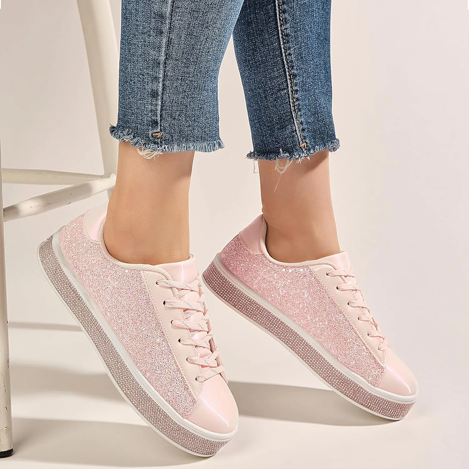 UUBARIS Women's Glitter Tennis Sneakers Neon Dressy Sparkly Sneakers Rhinestone Bling Wedding Bridal Shoes Shiny Sequin Shoes