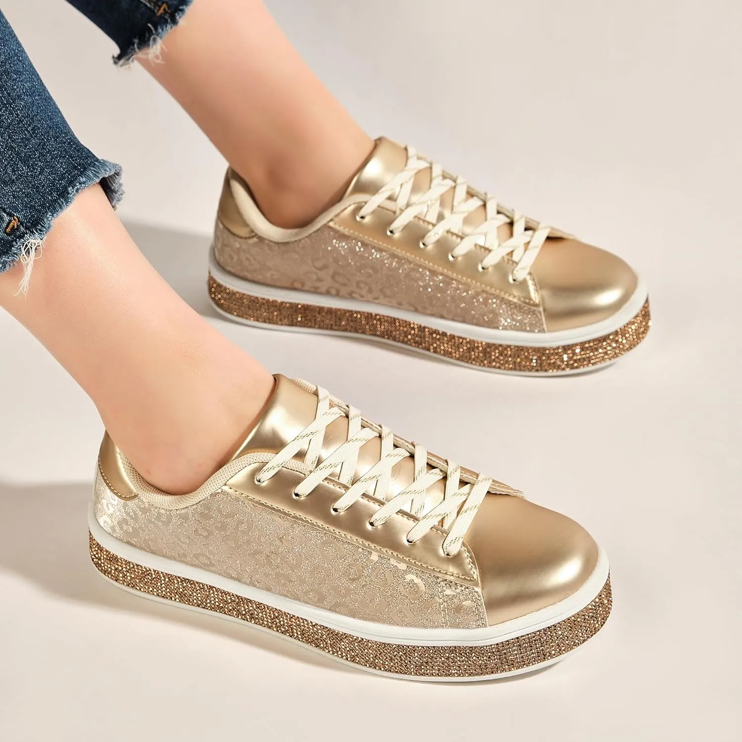 UUBARIS Women's Glitter Tennis Sneakers Neon Dressy Sparkly Sneakers Rhinestone Bling Wedding Bridal Shoes Shiny Sequin Shoes